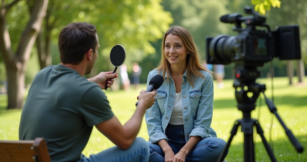 Equipe produzindo depoimento em ambiente ao ar livre 