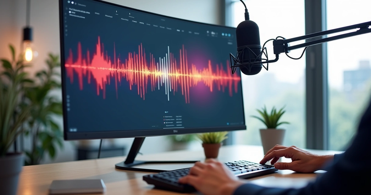 Gravação digital de voz com formas de onda em tela de computador 