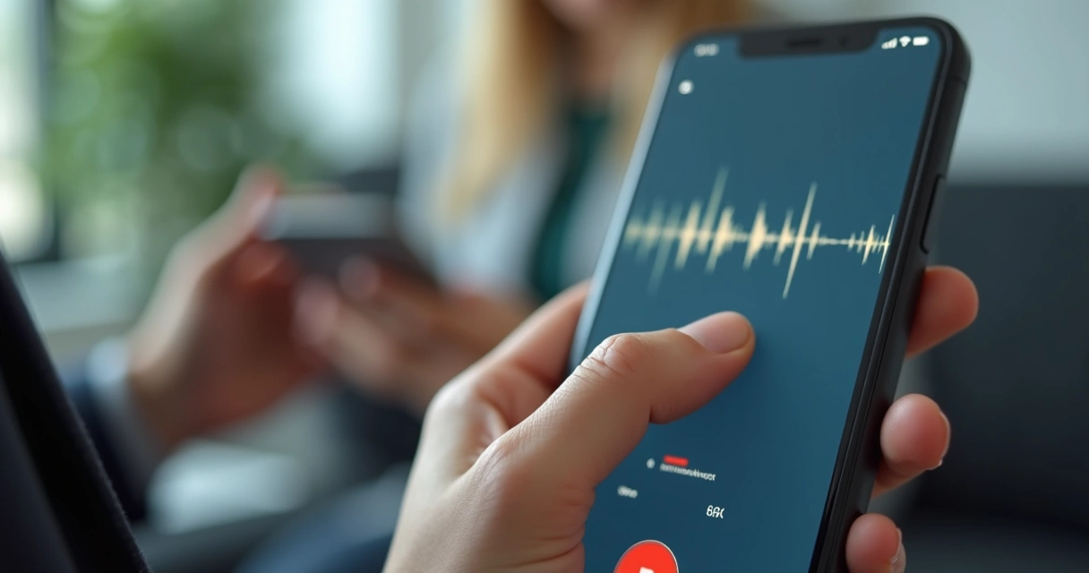 Pessoa usando gravador no smartphone para enviar feedback por voz 