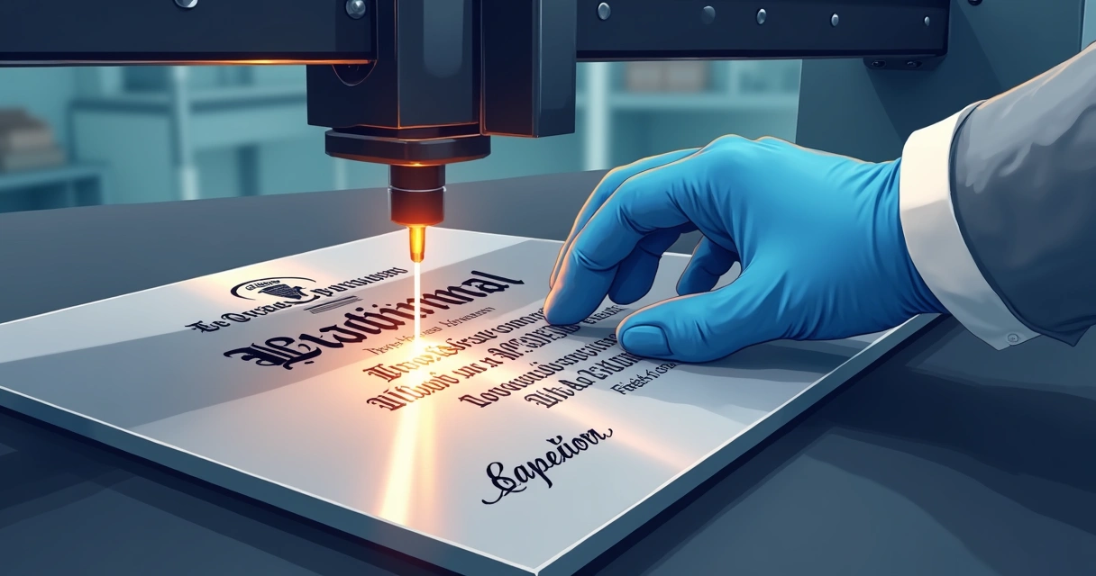 Técnico gravando diploma em aço inox a laser com detalhes finos 