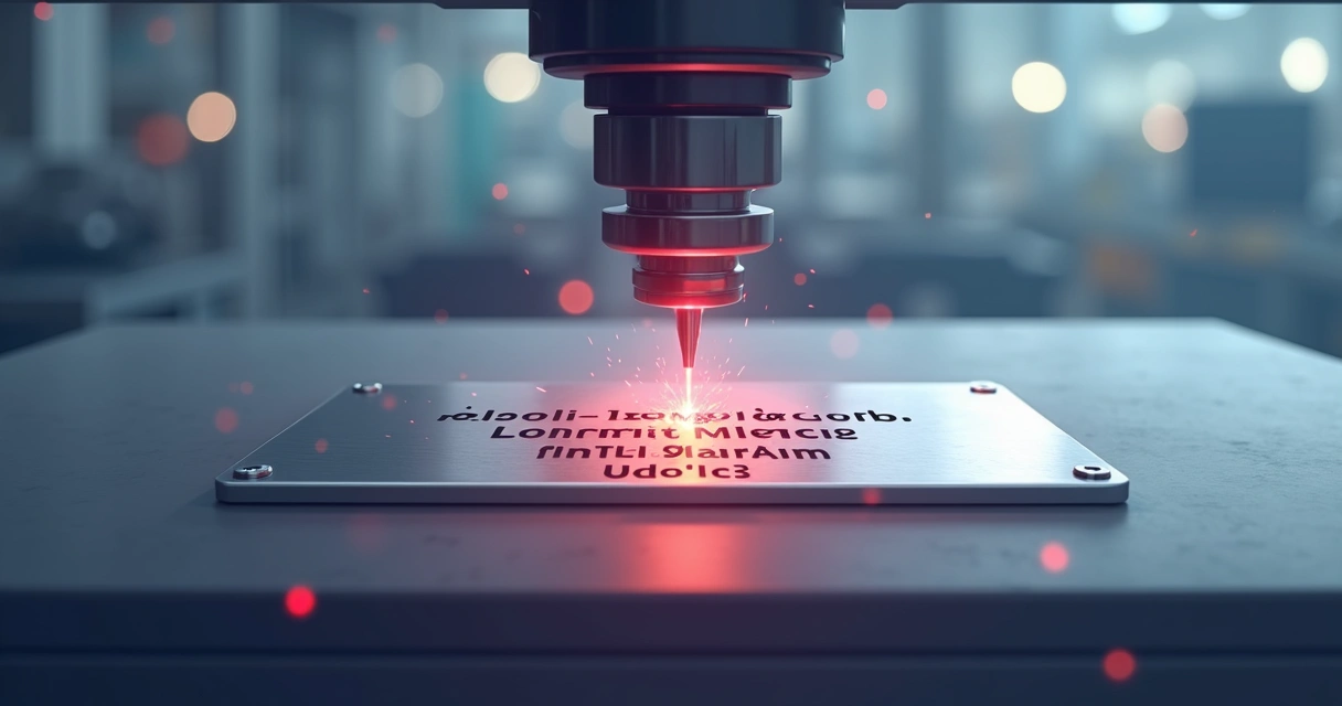 Máquina gravando crachá de inox com feixe de laser vermelho