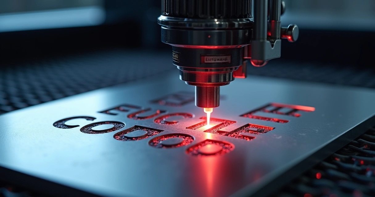 Gravação a laser personalizando placa metálica com raios brilhando. 