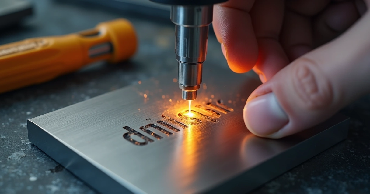 Detalhe da gravação a laser em placa de aço inox escovado 
