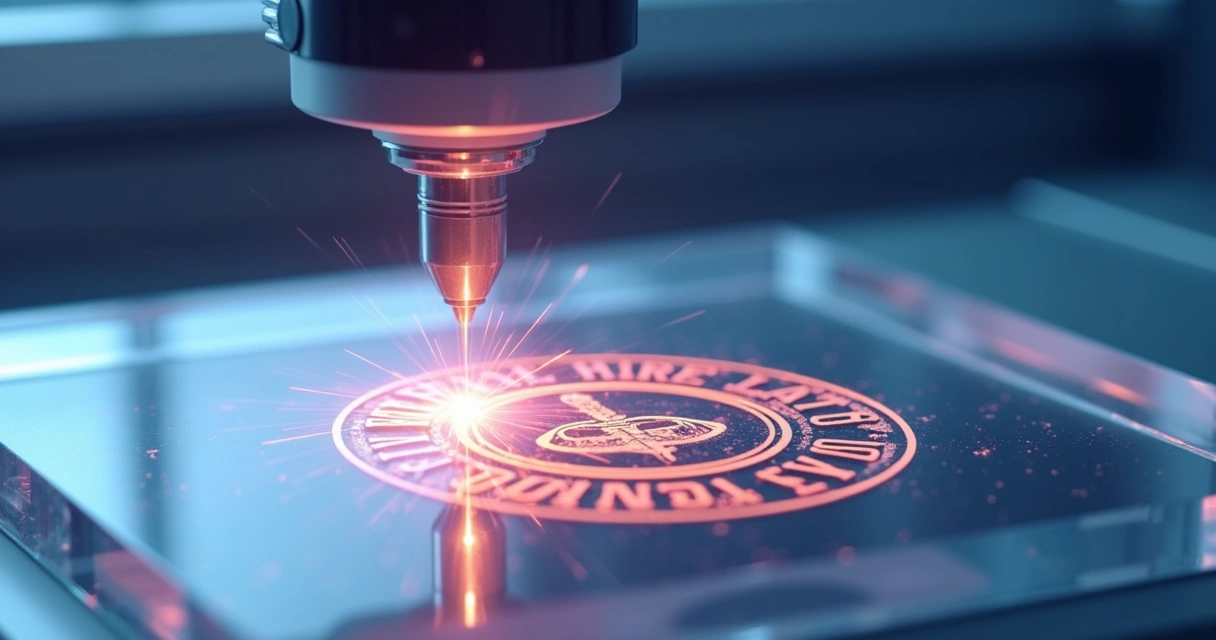 Detalhe de gravação a laser em troféu de acrílico 