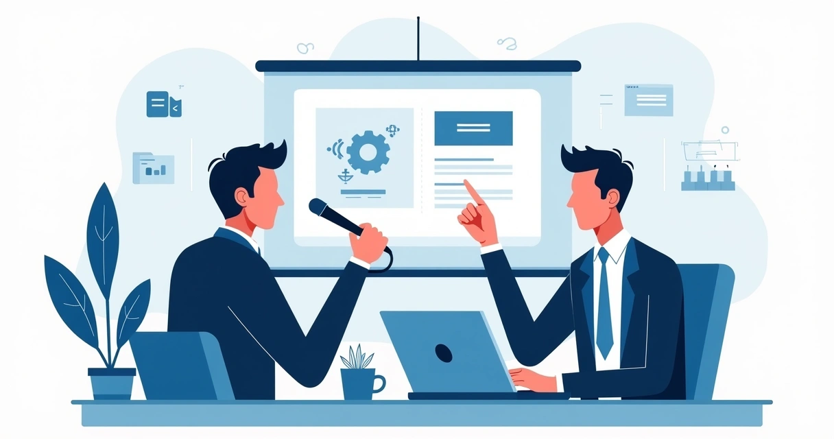 Duas pessoas gravando uma narração em Powerpoint, tela de computador com microfone à frente 