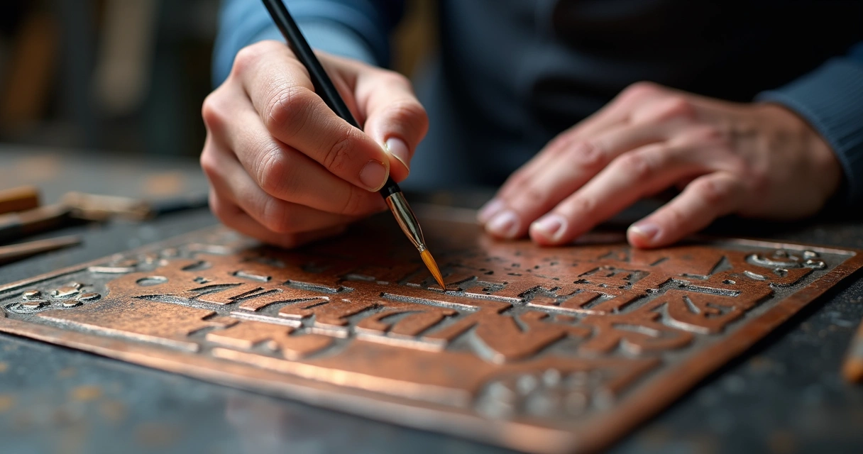 Processo de gravação química em uma placa de cobre 