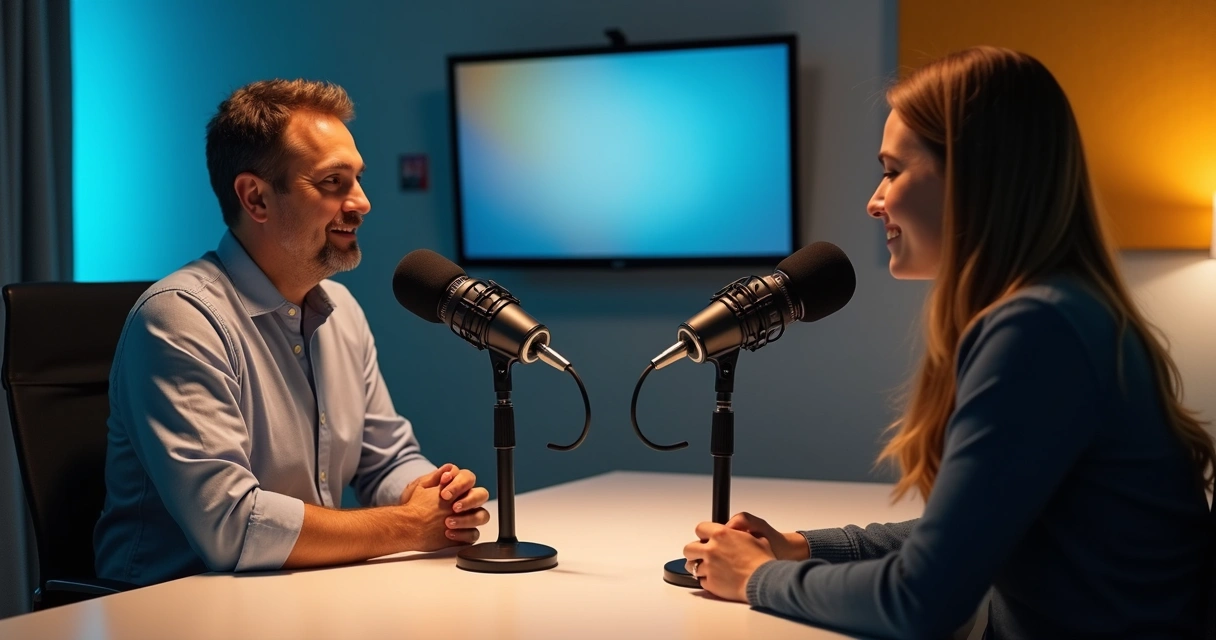 Podcast studio in 16:9 with wide framing 