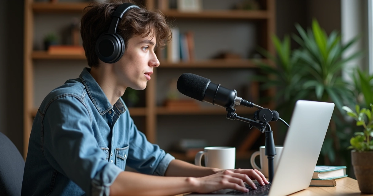 Pessoa gravando podcast em casa com microfone e notebook 