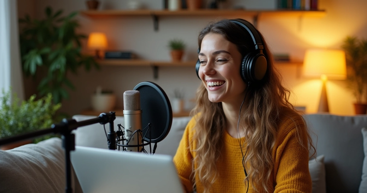 Microfone, fones de ouvido, notebook e mulher sorrindo gravando podcast doméstico 