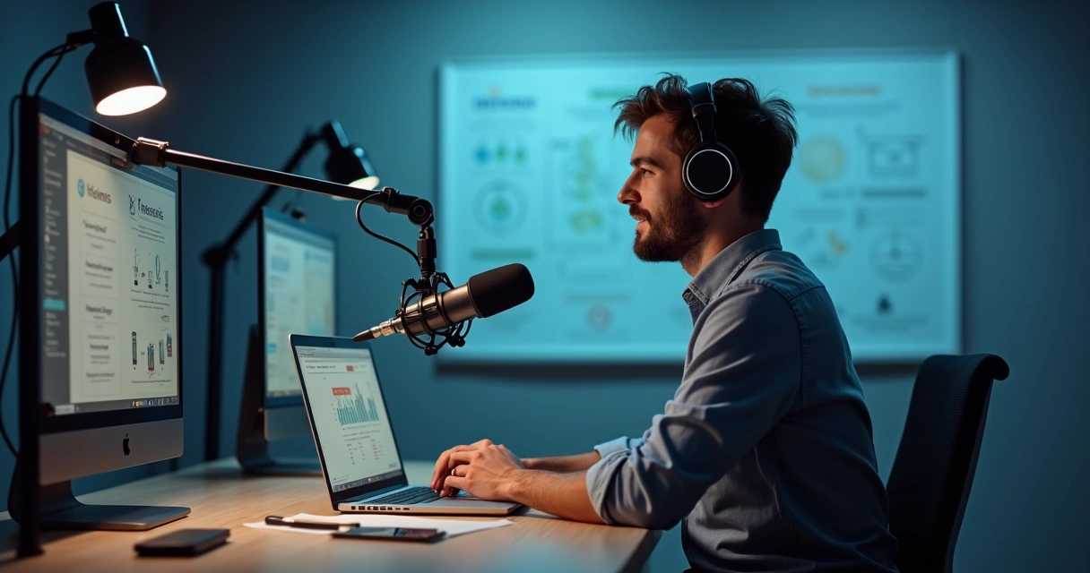 Pessoa gravando podcast em estúdio moderno, com notas sobre padrões de atendimento em laptop 