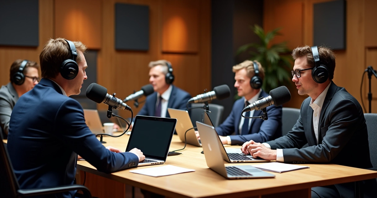 Estúdio profissional de podcast com microfones, mesa de som e pessoas gravando 