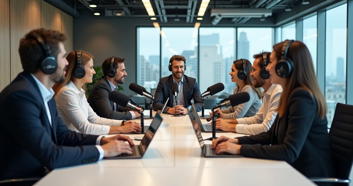 Equipe reunida em volta de microfones gravando podcast corporativo 