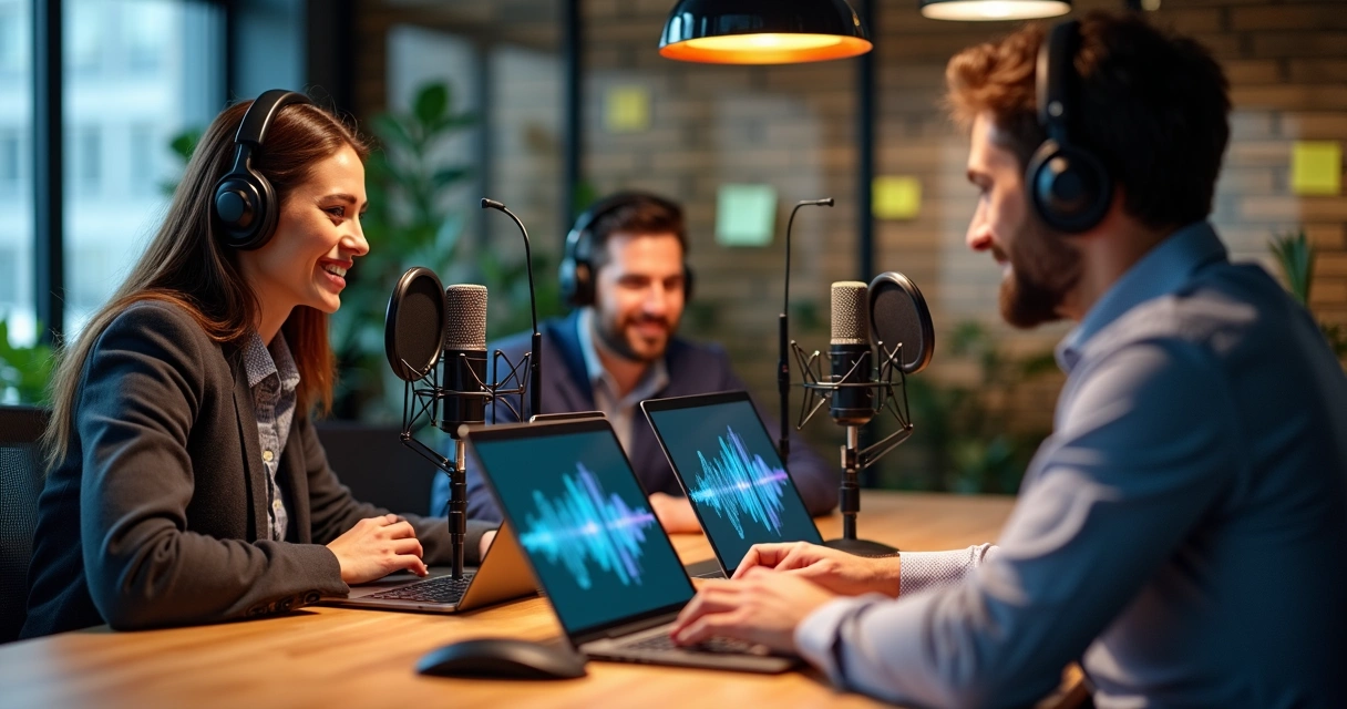 Equipe de profissionais gravando podcast em estúdio com microfones e computadores 