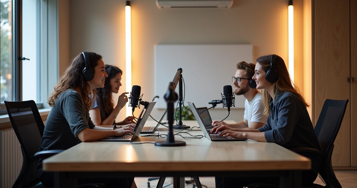 Equipe gravando podcast em estúdio coworking 
