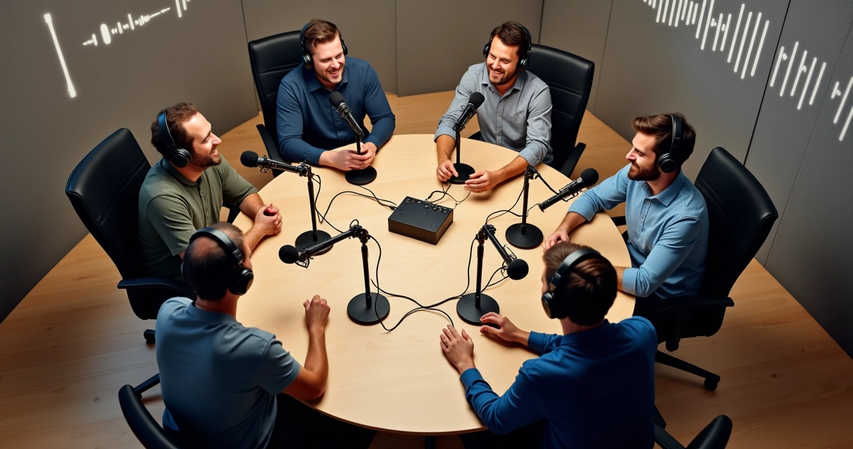 Vários podcasters gravando podcast em equipe 