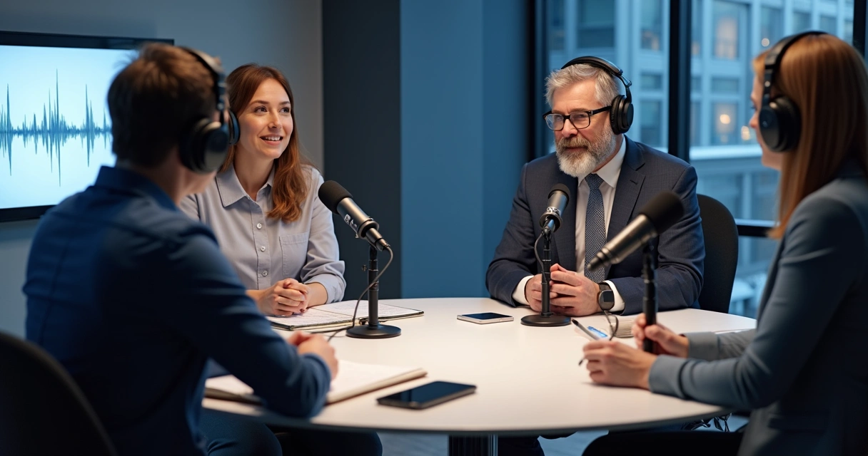 Mesa de gravação de podcast político com microfones e equipe reunida