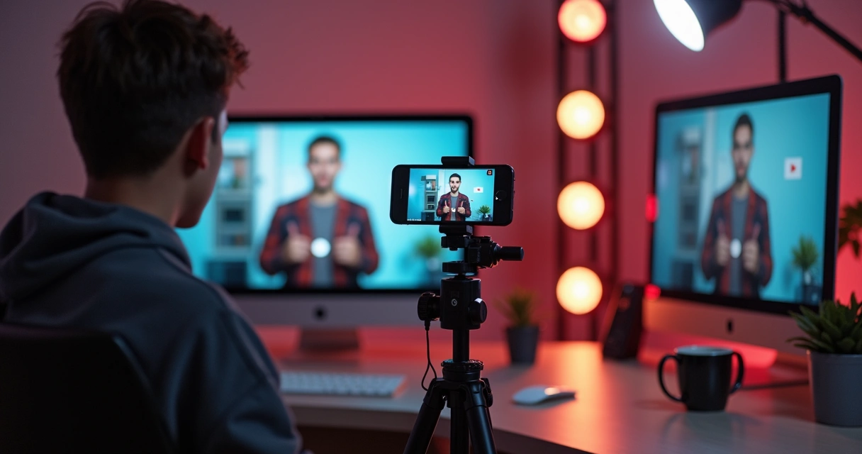 Pessoa gravando shorts vertical no estúdio 