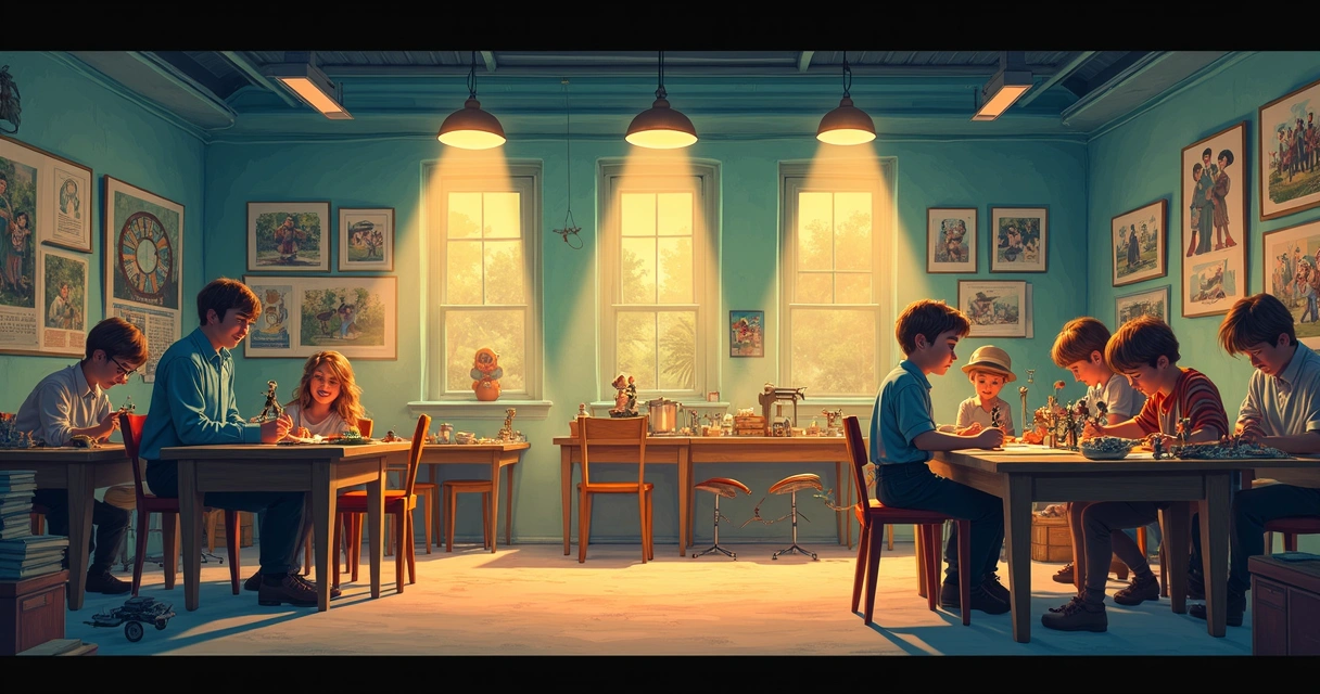 Estúdio de animação stop motion com cenários e iluminação de época 