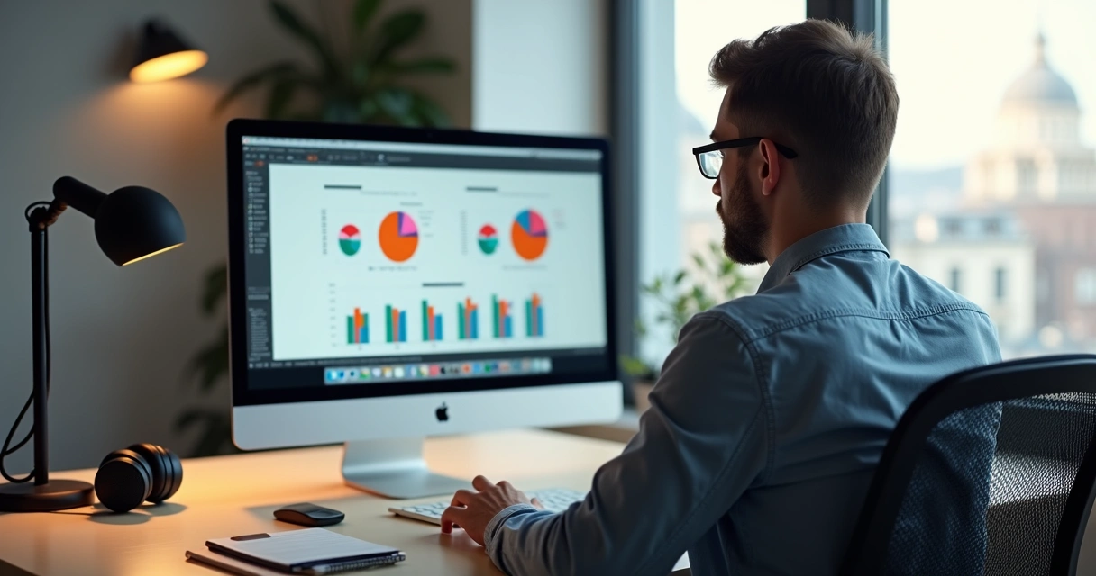 Pessoa gravando um tutorial em vídeo no computador, mostrando slides na tela 