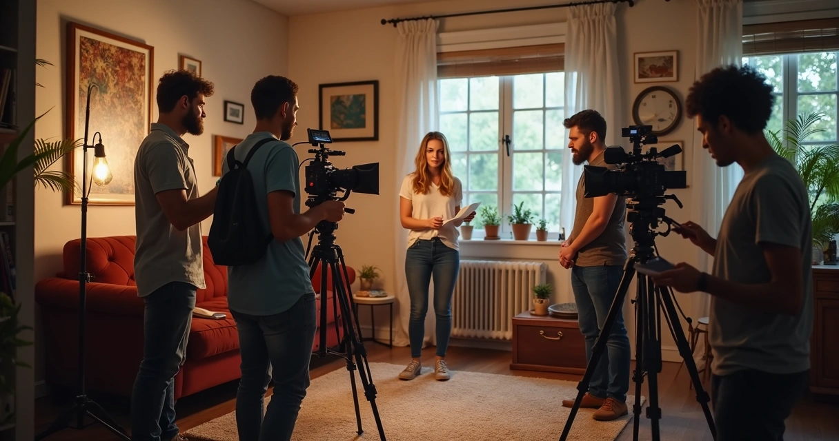Equipe gravando vídeo de anúncio com câmeras e tripés 