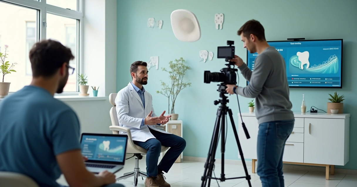 Equipe odontológica grava vídeo educativo na recepção da clínica 