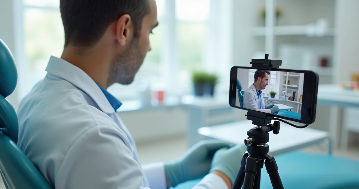 Dentista gravando vídeo curto em consultório com celular 