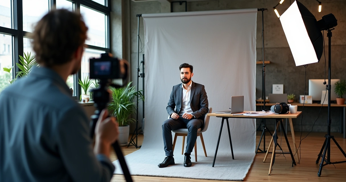 Profissional gravando vídeo institucional em coworking moderno com câmera e softbox 