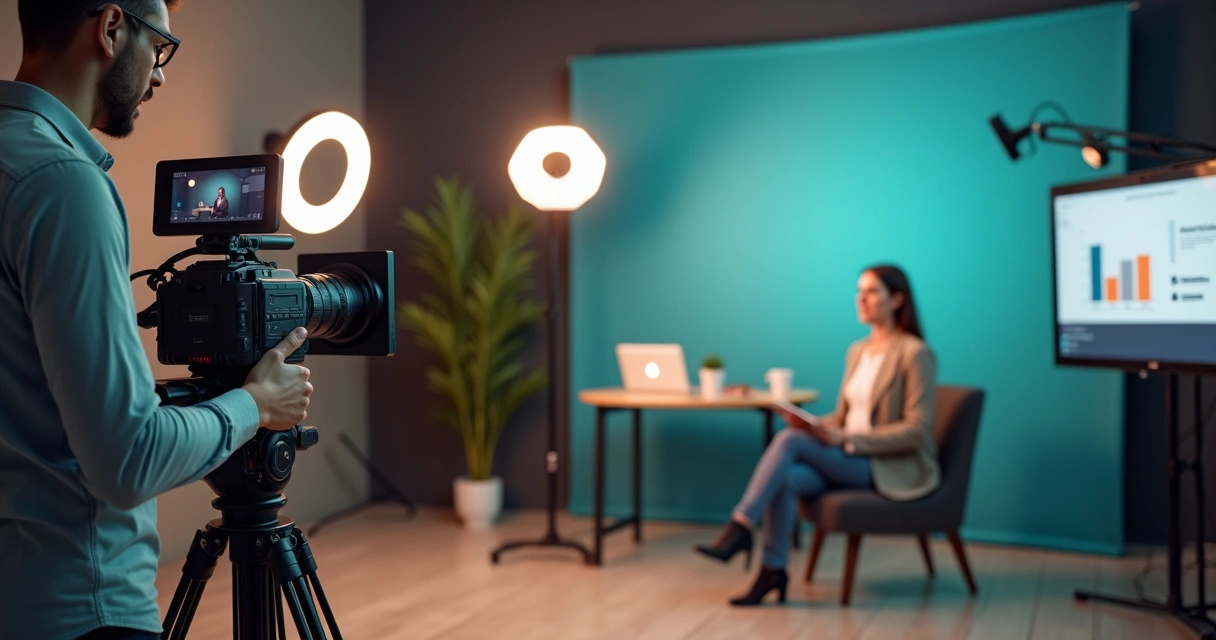 Equipe grava vídeo empresarial com cinegrafista e apresentador em estúdio moderno 