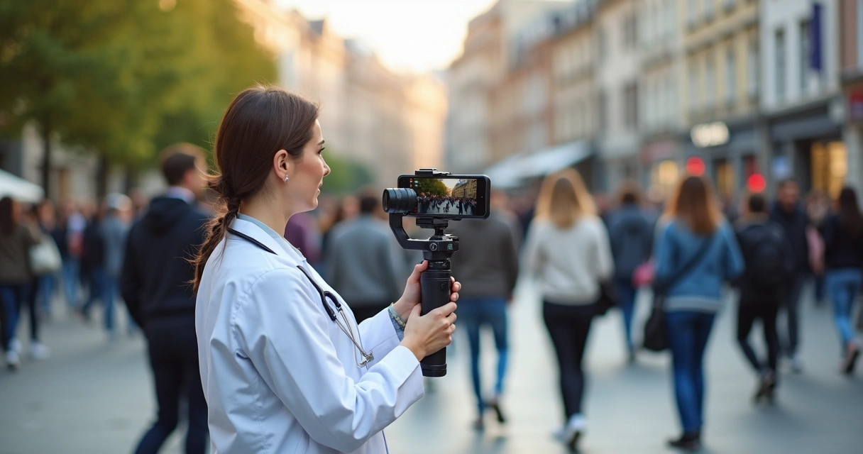 Profissional de saúde gravando vídeo em praça movimentada durante o dia 
