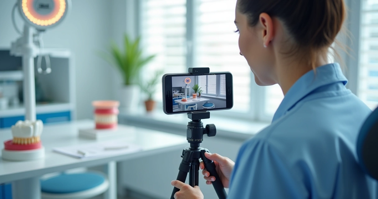 Profissional de saúde gravando vídeo educativo em consultório 