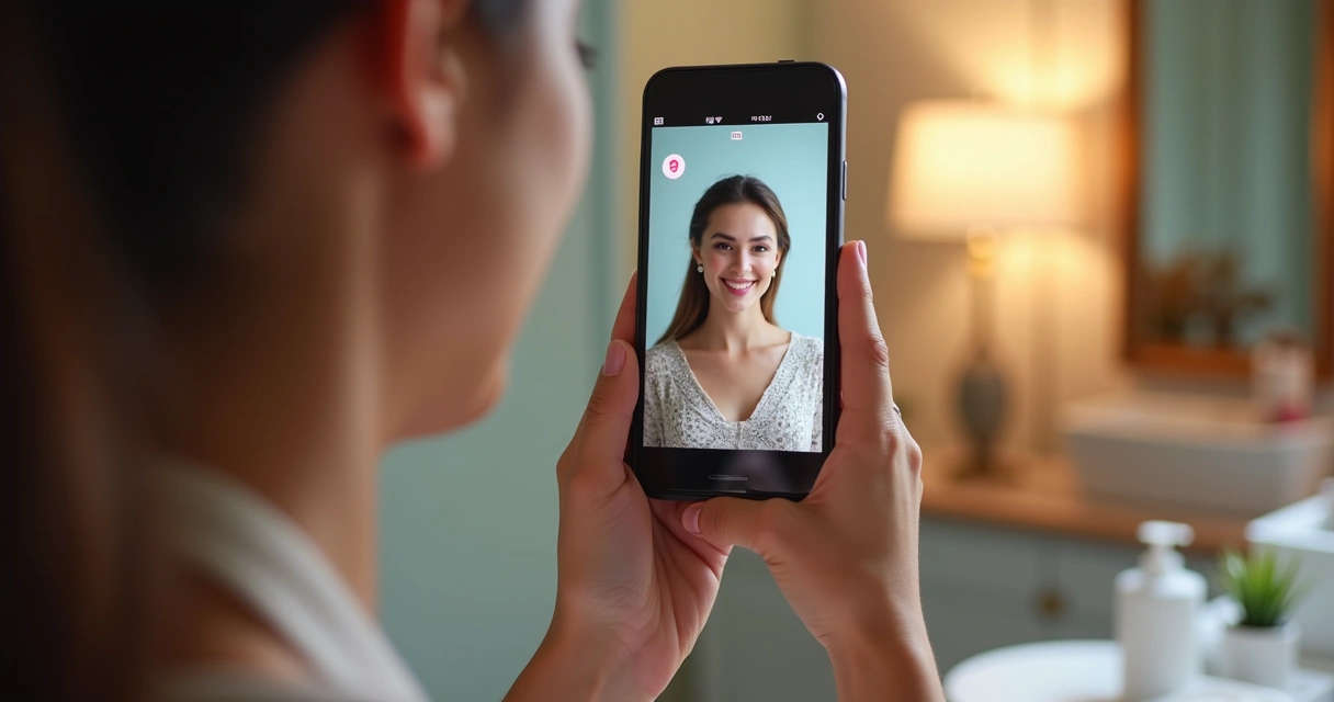 Pessoa gravando vídeo para TikTok com celular em mão, em ambiente de clínica de estética 