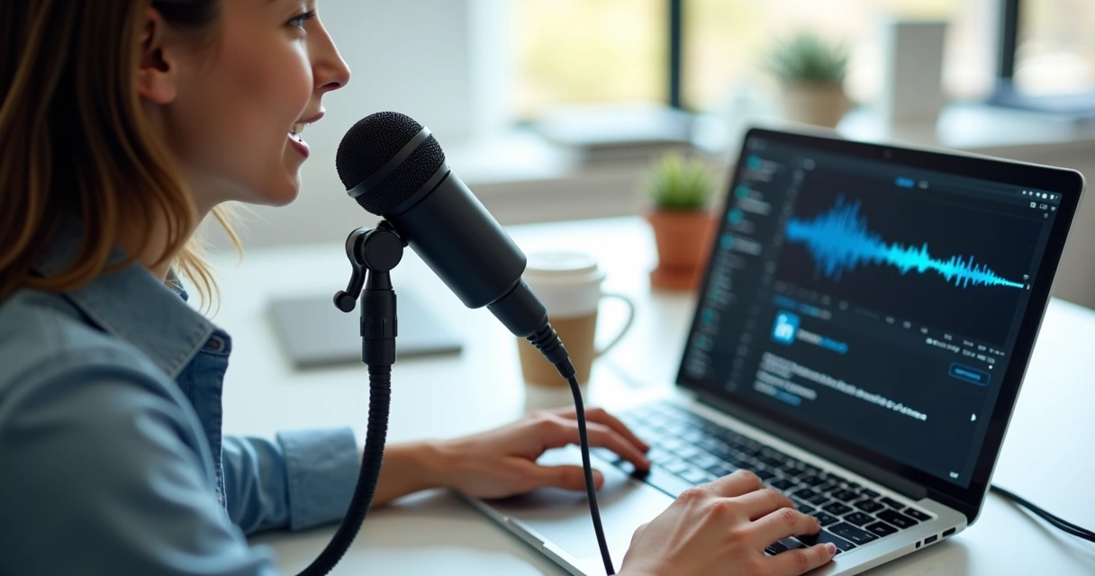 Pessoa gravando áudio no notebook, tela mostra onda sonora e texto sendo transcrito. 