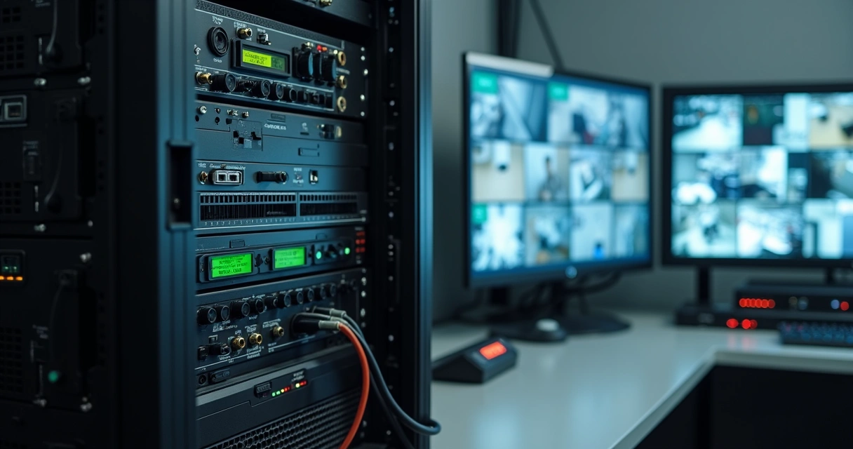 Gravador de CFTV em rack com monitor exibindo câmeras 