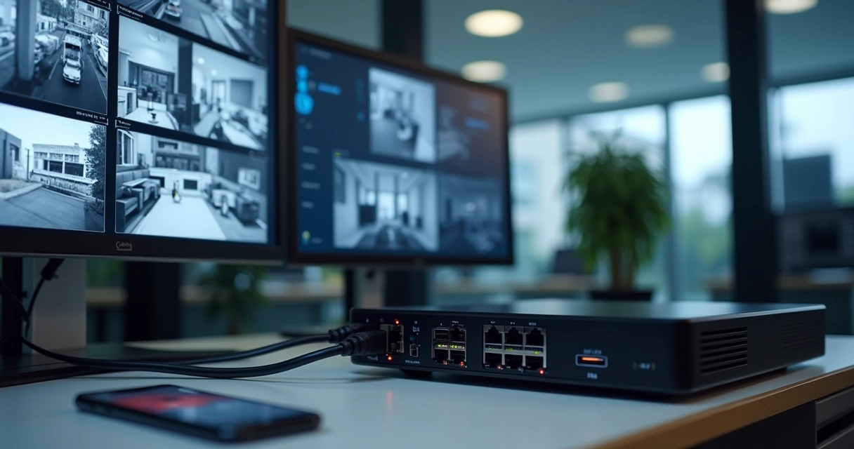 Gravador de CFTV ligado a monitor com oito câmeras 