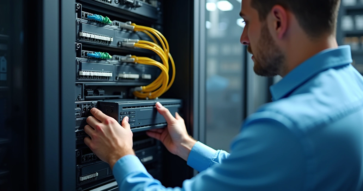 Técnico instalando NVR em rack de rede com cabos e equipamentos ao fundo