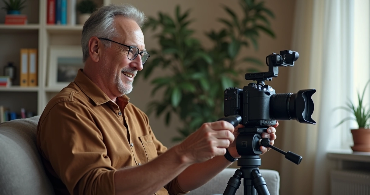 Homem maduro gravando vídeo em casa com equipamentos simples 