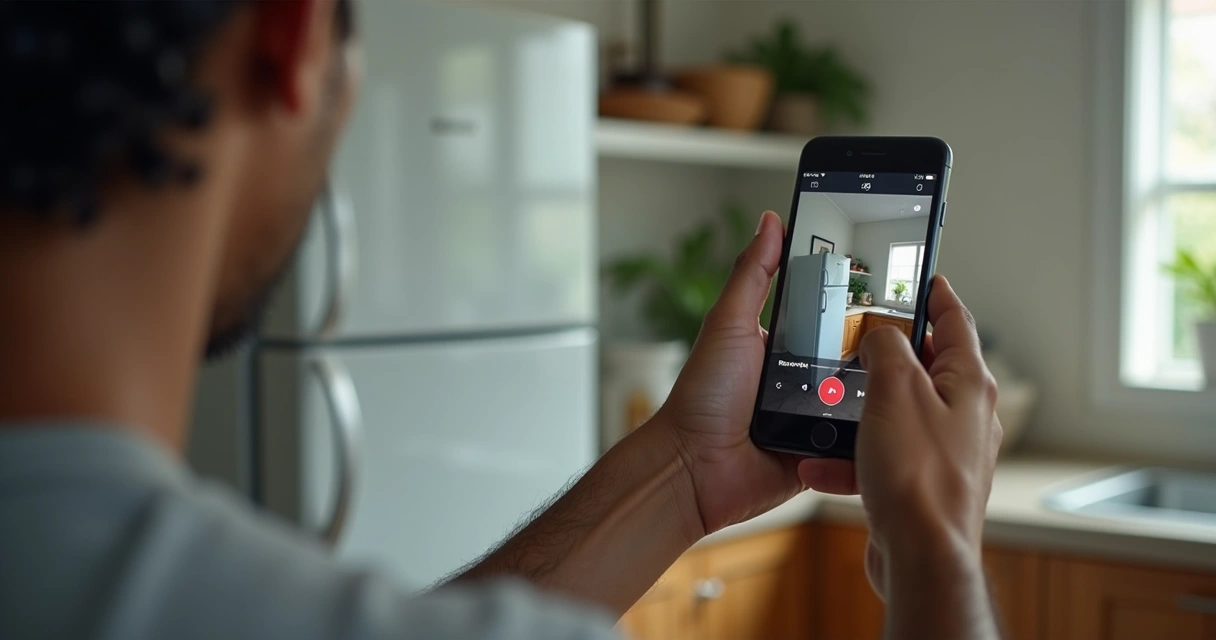 Pessoa gravando vídeo do refrigerador com smartphone 