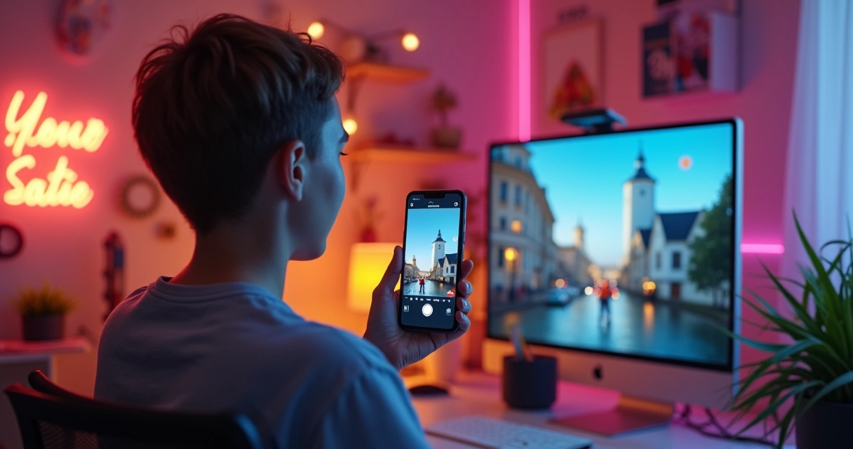 Pessoa gravando stories para o Instagram em ambiente criativo 