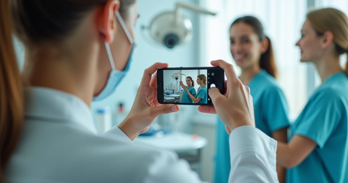 Dentista grava bastidores da clínica para vídeo curto 