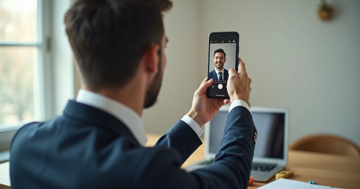 Pessoa gravando vídeo curto no celular em ambiente iluminado.