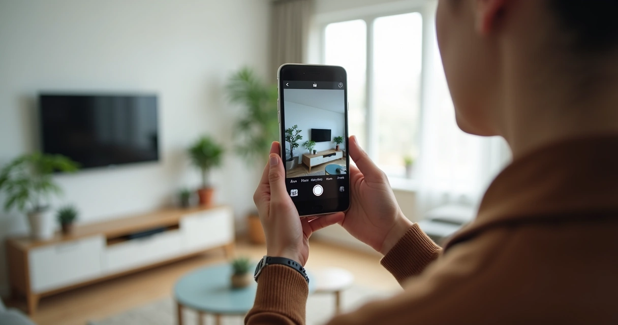 Corretor segurando smartphone para gravar vídeo em sala de apartamento 