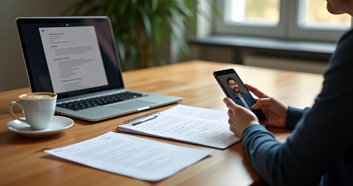 Pessoa grava respostas de entrevista em inglês no celular sentado à mesa
