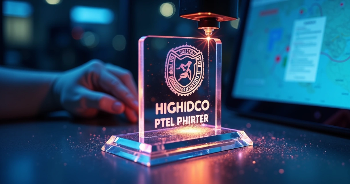 Especialista gravando troféu com laser e logotipo 