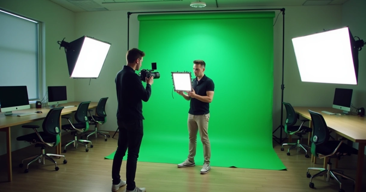 Pessoa ajustando iluminação para gravação de vídeo em coworking 