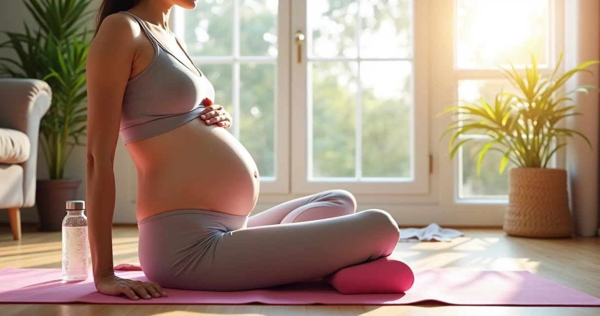Grávida fazendo alongamento em tapete de yoga, terceira gestação 