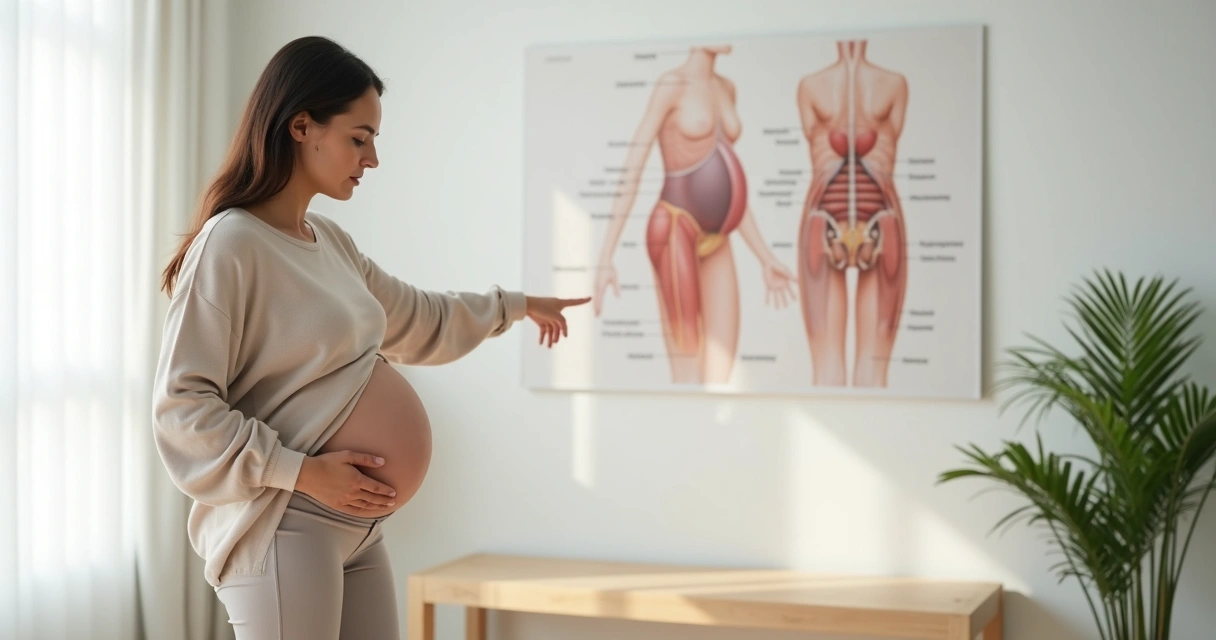 Gestante observando ilustração do assoalho pélvico em painel explicativo 