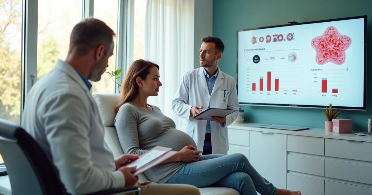 Gestante em consulta conversando com hematologista sobre exames de anemia 