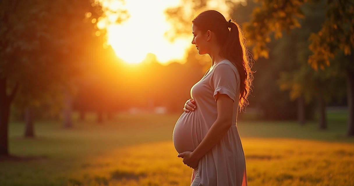 Gestante em fase avançada caminhando em parque, mãos apoiadas na barriga, cenário ao pôr do sol. 