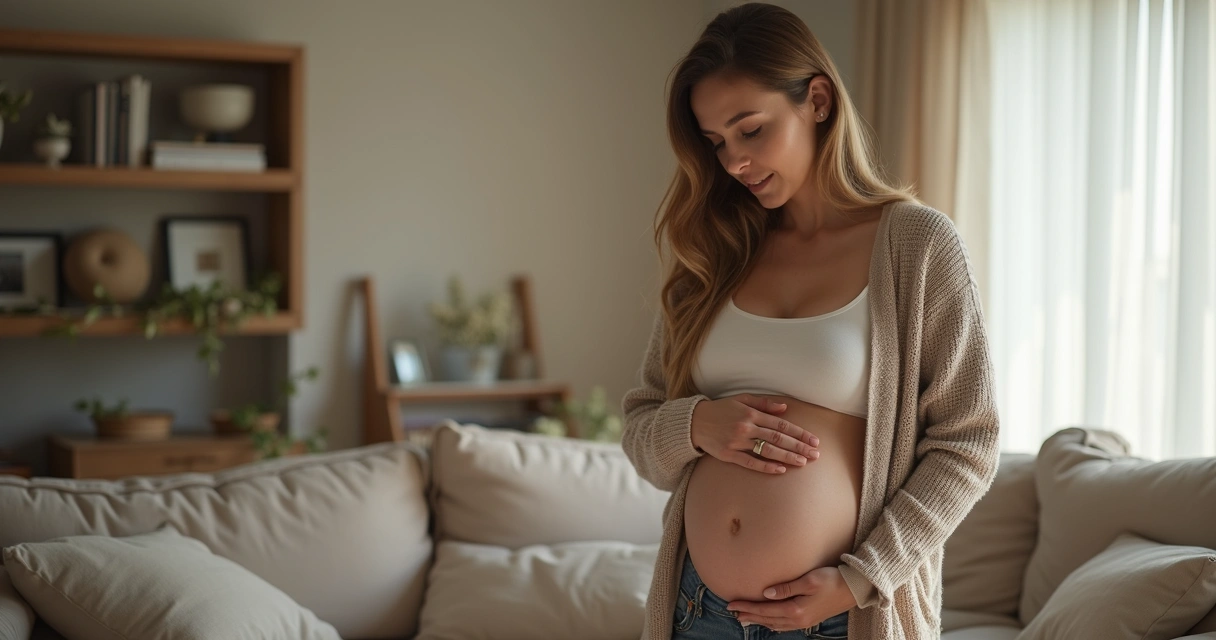 Mulher grávida de perfil, com a mão apoiada no baixo ventre, em ambiente iluminado 