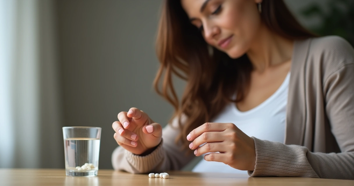 Mulher grávida sentada à mesa olhando para comprimido